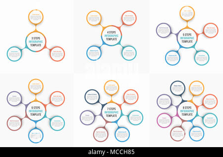 Kreis Infografik Vorlagen mit 3, 4, 5, 6, 7 und 8 Elementen, Schritte und Optionen, Workflow oder Prozessdiagramm, Daten Visualisierung, Vector EPS 10 illust Stockfoto
