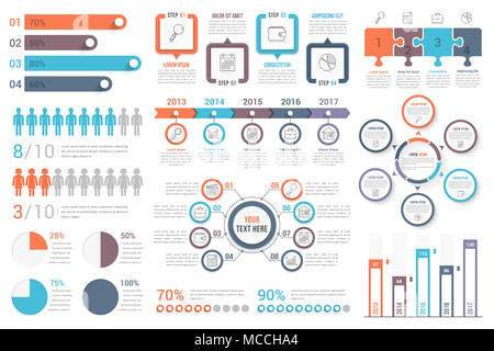 Einstellen der nützlichsten Infografik Elemente - Balken, menschliche Infografiken, Kreisdiagramme, Schritte und Optionen, Workflow, Puzzle, Prozent, Kreisdiagramm, t Stockfoto
