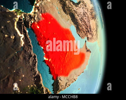 Am frühen Morgen Blick auf Saudi-arabien in Rot hervorgehoben auf dem Planeten Erde. 3D-Darstellung. Elemente dieses Bild von der NASA eingerichtet. Stockfoto