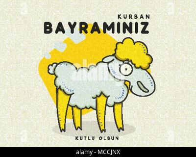 Grußkarte Design mit niedlichen lustige Schafe für muslimische Kultur. Festival der Opfer, Eid-Al-Adha Mubarak. Stock Vektor
