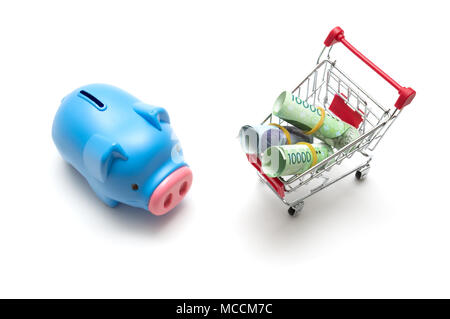 Sparschwein und koreanischen Geld und Warenkorb auf weißem Hintergrund: Wirtschaft Konzept Stockfoto