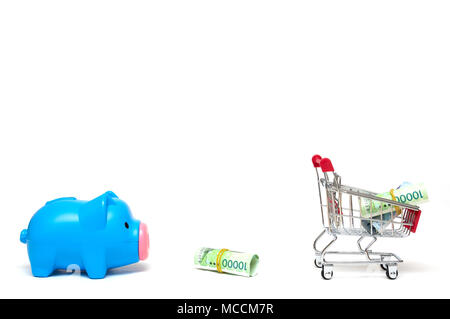 Sparschwein und koreanischen Geld und Warenkorb auf weißem Hintergrund: Wirtschaft Konzept Stockfoto
