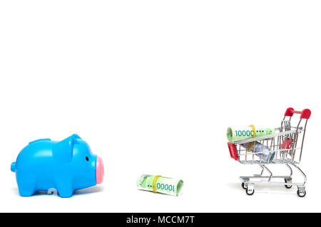 Sparschwein und koreanischen Geld und Warenkorb auf weißem Hintergrund: Wirtschaft Konzept Stockfoto
