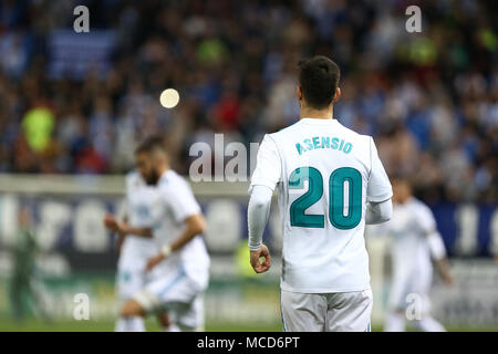 Marco Asensio (Real Madrid), die in Aktion während der Liga Match zwischen Malaga CF und Real Madrid CF im Estadio La Rosaleda. (Final Score: Malaga 1 - 2 Real Madrid) Stockfoto