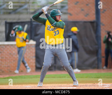 FedEx Park. 15 Apr, 2018. TN, USA; Baylor infielder, Davis Wendzel (33), At Bat während des Spiels mit Memphis. Baylor besiegt Memphis, 7-0, die Reihe bei FedEx Park zu gewinnen. Kevin Lanlgey/CSM/Alamy leben Nachrichten Stockfoto