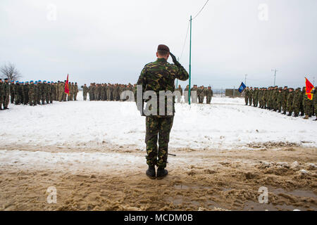 Die rumänische Armee begrüßt NATO-Verbündeten während der Eröffnungsfeier der Übung Platinum Eagle 17,2 am Babadag, Rumänien, 24.02.12. Schwarzes Meer die Drehkraft Teilnahme an Platinum Eagle ermöglicht die Schulung mit mehreren Partner Nationen und ist entscheidend im Umgang mit regionalen Fragen und Wahrung des Friedens in der Region Osteuropa. Stockfoto