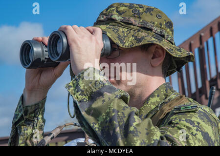 Kanadische Royal Air Force Warrant Officer Macintyre, gemeinsame Endgerät angreifen Controller, analysiert die simulierte Schlachtfeld während der kombinierten Training, Februar 21, 2018, bei Moody Air Force Base, Ga verbündeten Kräfte von der Craf und Neuseeland Armee reiste nach Moody AFB mit der 75Th Fighter Squadron auf Close Air Support von Feb.20-23 zu trainieren. (U.S. Air Force Foto: Staff Sgt. Eric Sommer jr.) Stockfoto