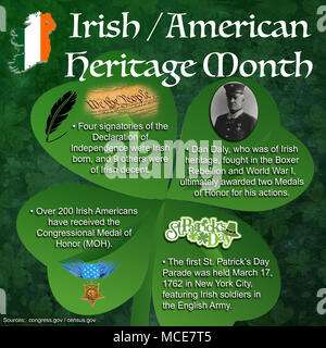Info Grafik liest, "Irish/American Heritage Monat - vier Unterzeichner der Unabhängigkeitserklärung Irischen geboren wurden, und 9. Andere waren der Irischen anständig. - Dan Daly, wer war der irischen Erbe, kämpfte in den Boxeraufstand und dem Ersten Weltkrieg, letztlich vergeben zwei Medaillen der Ehre für seine Taten. - Über 200 Irischen Amerikaner haben die Kongreßehrenmedaille empfangen (MOH). - Die erste St. Patrick's Day Parade wurde am 17. März 1762 in New York City statt, bei denen irische Soldaten in der englischen Armee. Die Grafiken sind von Irland mit der irischen Flagge überlagert. Es gibt eine schwarze Feder Kugelschreiber wri Stockfoto