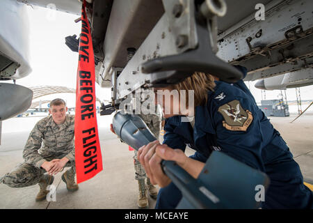 Kol. Jennifer Kurz, rechts, 23d Wing Commander, versucht, eine Ausbildung Munition auf ein C A-10 Thunderbolt II während einer immersion Tour zu installieren, 9. April 2018, bei Moody Air Force Base, Ga. Moody Führung die 23d Aircraft Maintenance Squadron tourte ein besseres Verständnis Ihrer gesamten Mission, Funktionen und umfassende Aufgaben zu erhalten. (U.S. Air Force Foto von Airman Eugene Oliver) Stockfoto