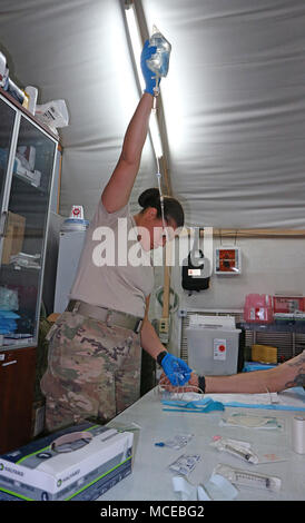 Spc. Brianna Lancaster, ein Medic mit 38th der Indiana National Guard Sustainment Brigade, richtet eine I.V. während Prepping zu üben Einlegen einer intravenösen Leitung auf Sgt. 1. Klasse Matthew Caras während Medic Tabelle III Training im Camp Arifjan, Kuwait, am 11. April. (Foto durch Master Sgt. Brad Staggs, 38th Sus Bde Public Affairs) Stockfoto