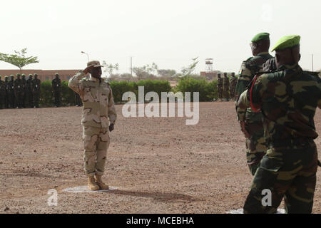 TAHOUA, Niger - Oberst Mohamed Toumba-quellen, Zone 4 Commander, Forces Armees Nigerinnes oder Ventilator, prüft International Service Mitglieder in Flintlock 2018 in Tahoua, Niger, 11. April 2018 beteiligt. Musketen 2018, bewirtet durch Niger, mit Schlüssel Außenstationen in Burkina Faso und Senegal, ist entworfen, um die Fähigkeit der wichtigsten Partner Nationen in der Region zu stärken, gewalttätigen extremistischen Organisationen zu begegnen, ihre Grenzen zu schützen und die Sicherheit für die Menschen. (U.S. Armee Foto: Staff Sgt. Kulani Lakanaria/freigegeben) Stockfoto