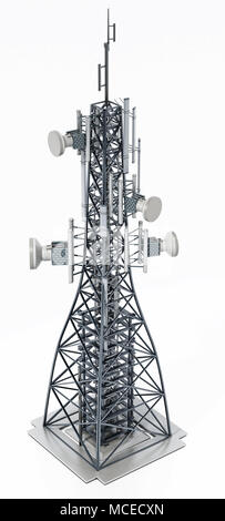 Stahl Telekommunikation Turm mit Satellitenschüsseln. 3D-Darstellung. Stockfoto