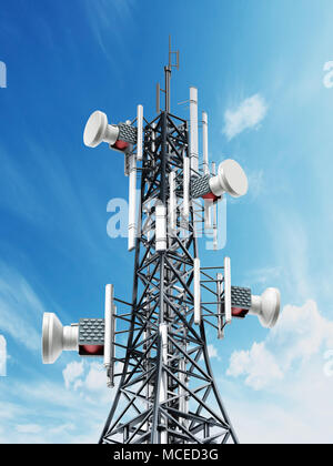 Stahl Telekommunikation Turm mit Satellitenschüsseln. 3D-Darstellung. Stockfoto