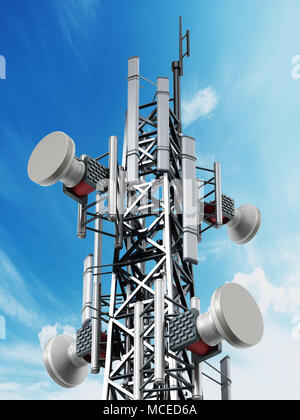 Stahl Telekommunikation Turm mit Satellitenschüsseln. 3D-Darstellung. Stockfoto