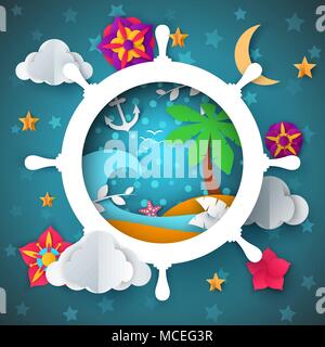 Insel Abbildung. Cartoon Papier Landschaft. Palm, Meer, Wasser, Anker, Mond Blume. Stock Vektor