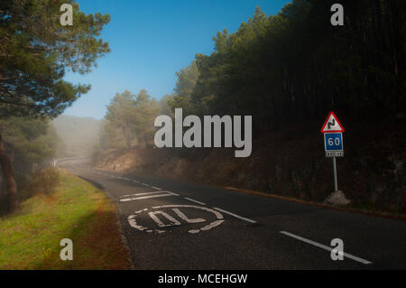 Foggy Road, schlechte Sichtbarkeit. Verkehrszeichen. Stockfoto