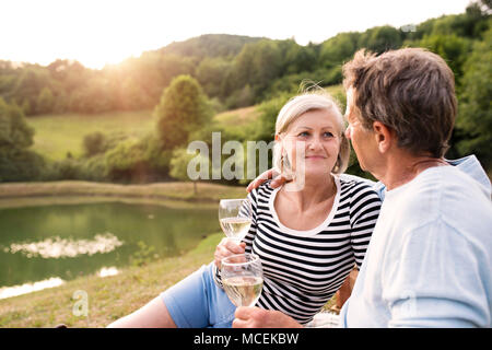 Senior Paar am See bei einem Picknick. Stockfoto