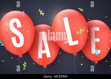 Rote Luftballons mit Text auf dunklem Hintergrund. Abdeckung für Ihr Projekt. Angebot. Bunte Konfetti. Tolle Rabatte. Banner, Flyer, POS Stock Vektor