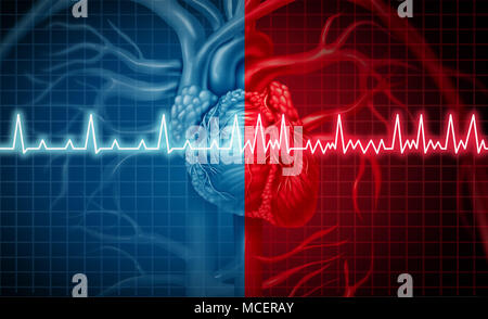 Vorhofflimmern und normal oder anormale Herzfrequenz Rhythmus Konzept als kardiale Störung, die als ein menschliches Organ mit gesunden und ungesunden Ekg. Stockfoto