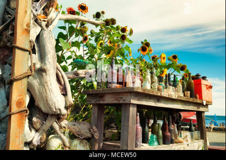 Einen alten Holztisch mit vielen alten Flaschen und andere Gegenstände zum Verkauf, sitzt im Freien mit Sonnenblumen wachsen hinter sich. Stockfoto