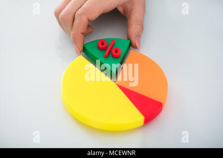 Die menschliche Hand, denn Grün Stück Kreisdiagramm mit roten Prozentzeichen Stockfoto
