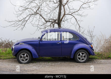 Berg Pelion, Griechenland - Volos - 26. FEBRUAR 2017: blau cyan Volkswagen Käfer Oldtimer in einer Straße vor einem Baum geparkt. Stockfoto