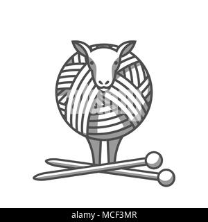 Wolle Emblem mit Schafen, Gewirr von Garn und Stricknadeln. Etikett für Handarbeit, stricken oder Tailor Shop Stock Vektor