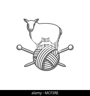 Wolle Emblem mit Schafen, Gewirr von Garn und Stricknadeln. Etikett für Handarbeit, stricken oder Tailor Shop Stock Vektor