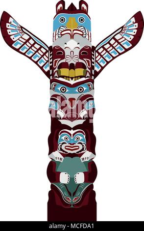 Indische Totem Pole - stilisierte monumentale Skulptur mit Figuren von Tieren, Vektor Grafik im Comic-Stil Stock Vektor