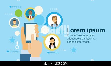 Hand, Smart Phone oder Digitale Tablet Computer Business Leute Netzwerksymbole Hintergrund Flachbild Vector Illustration Stock Vektor