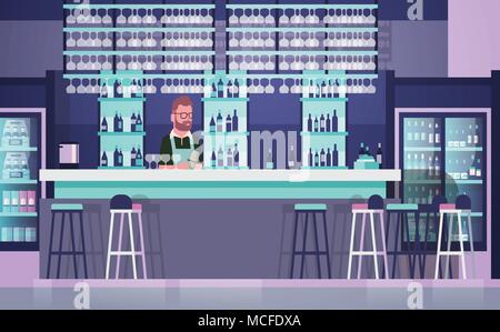 Barkeeper auf der Theke, Barkeeper Mann über Flaschen Alkohol und Gläser auf Hintergrund Flachbild Vector Illustration Stock Vektor