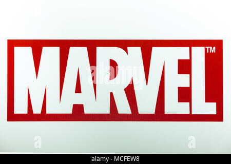 Marvel logo Anmelden Banner gedruckt. Marvel Comics Group ist ein Herausgeber des amerikanischen Comics und verwandte Medien Stockfoto