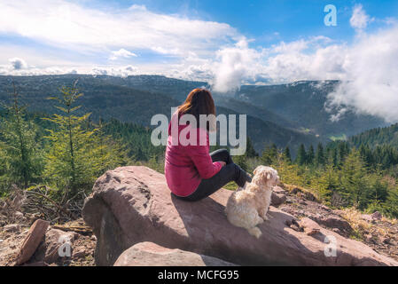 Junge brünette Frau mit ihren Bichon Havaneser Hund sitzt auf einem Felsen bewundern die Hornisgrinde Berge, im Schwarzwald, Deutschland, an einem sonnigen Tag. Stockfoto