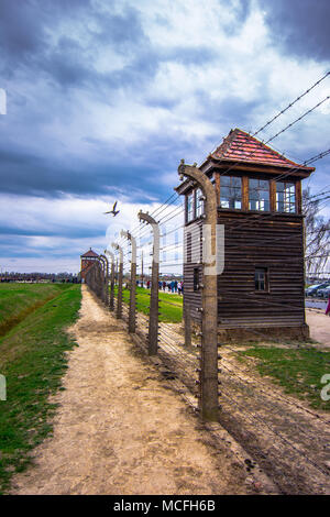 Elektrische stacheldrähte der deutschen nationalsozialistischen Konzentrations- und Vernichtungslager von Auschwitz Birkenau Weltkulturerbe, Polen Stockfoto