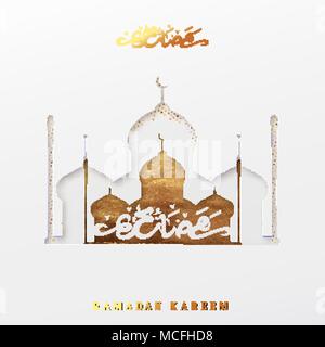 Ramadan vector Hintergrund. Wirkung der Papier schneiden mit dem geprägten Arabisch kalligraphische Text des Ramadan Kareem. Kreatives Design Grußkarte, Banner Stock Vektor