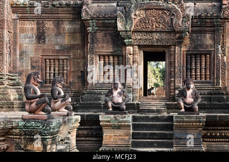 Kambodscha Tempel - antike Statuen bei Banteay Srei oder die Frau Tempel, einem 10. Jahrhundert hinduistischer Tempel, UNESCO-Weltkulturerbe Angkor, Kambodscha, Asien Stockfoto