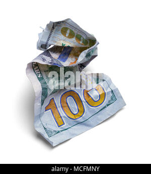 Zerknitterte hundert Dollar Bill isoliert auf einem weißen Hintergrund. Stockfoto