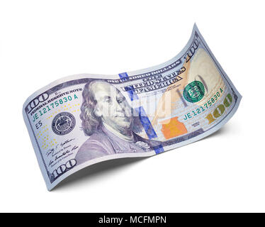 Single hundert Dollar Bill Gewellt isoliert auf einem weißen Hintergrund. Stockfoto