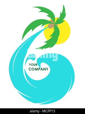 Welle mit Palme und Sonne Tropen reisen Logo Stock Vektor