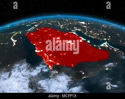 Sat-Nacht Blick von Saudi-arabien in Rot hervorgehoben auf dem Planeten Erde mit Wolken. 3D-Darstellung. Elemente dieses Bild von der NASA eingerichtet. Stockfoto