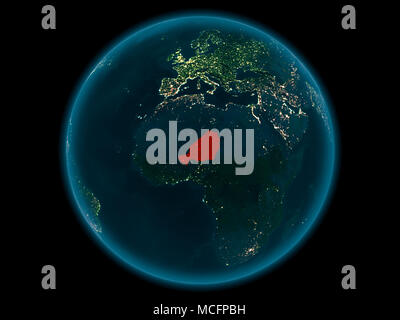Nacht über Niger in Rot hervorgehoben auf dem Modell des Planeten Erde im Weltraum. 3D-Darstellung. Elemente dieses Bild von der NASA eingerichtet. Stockfoto