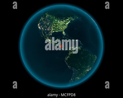 Nacht über Nicaragua in Rot hervorgehoben auf dem Modell des Planeten Erde im Weltraum. 3D-Darstellung. Elemente dieses Bild von der NASA eingerichtet. Stockfoto