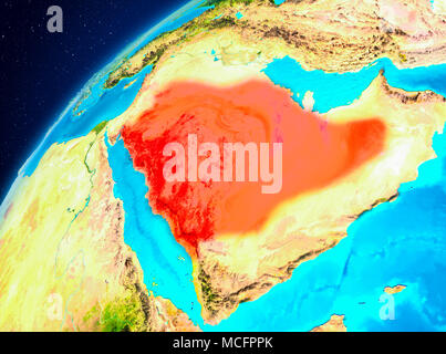 Orbit Ansicht von Saudi-arabien in Rot hervorgehoben auf dem Planeten Erde. 3D-Darstellung. Elemente dieses Bild von der NASA eingerichtet. Stockfoto