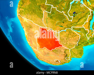 Botswana in Rot hervorgehoben auf dem Planeten Erde mit sichtbaren Grenzen. 3D-Darstellung. Elemente dieses Bild von der NASA eingerichtet. Stockfoto