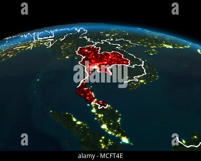 Platz orbit Ansicht von Thailand in Rot hervorgehoben auf dem Planeten Erde bei Nacht mit sichtbaren Grenzen und die Lichter der Stadt. 3D-Darstellung. Elemente der Th Stockfoto