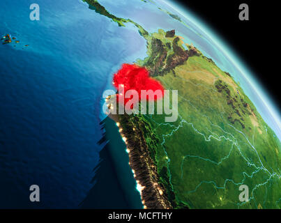 Sat-morgen Blick auf Ecuador rot markiert auf dem Planeten Erde. 3D-Darstellung. Elemente dieses Bild von der NASA eingerichtet. Stockfoto