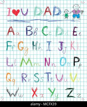 Bunte baby Skizze Hand gezeichnet doodle Alphabet Buchstaben auf Squared notebook Seite isoliert Vector Illustration mit Ich liebe dich Papa Schlagzeile und Chi Stock Vektor