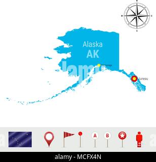 Alaska Vektorkarte isoliert auf weißem Hintergrund. High Ausführliche Silhouette von Alaska State. Vektor Flagge von Alaska. 3D-Karte, Marker oder Zeiger, Navigatio Stock Vektor