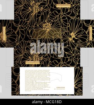 Golden Umrisse florale Muster auf Gewebe. Tissue Box template Konzept, Vorlage für geschäftliche Zwecke, platzieren Sie Ihre Texte und Logos und bereit zu gehen Stock Vektor