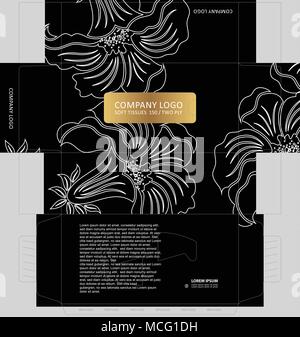 Umrisse Blume auf dunklen schwarzen Hintergrund blühte. Tissue Box template Konzept, Vorlage für geschäftliche Zwecke, platzieren Sie Ihre Texte und Logos und Einsatzbereit Stock Vektor